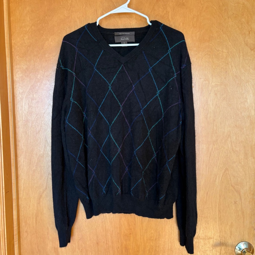 Tasso Ella Mens Black Argyle V-Neck 100% Cashmere Sweater XL‎